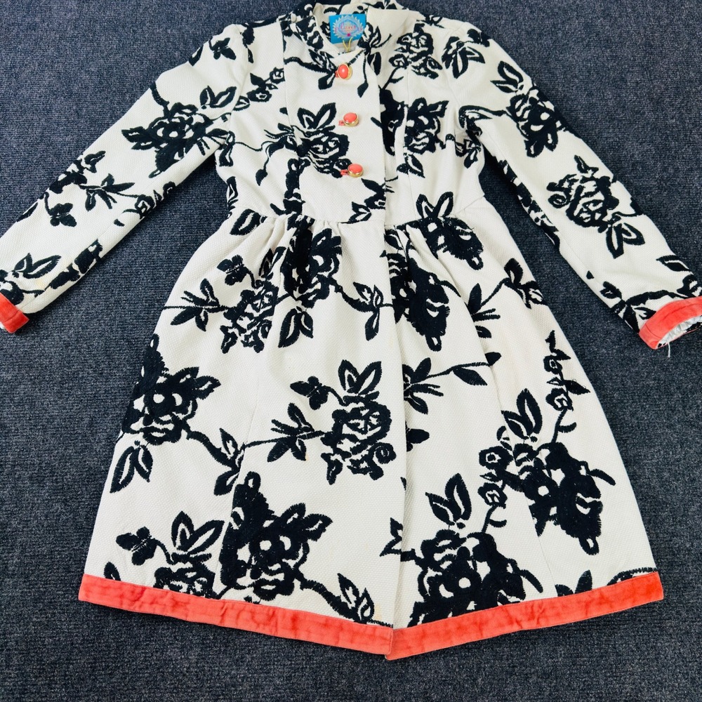 Matilda Jane Girls Floral Embroidered Coat Cream Black‎ Coral Velvet Trim Sz 10